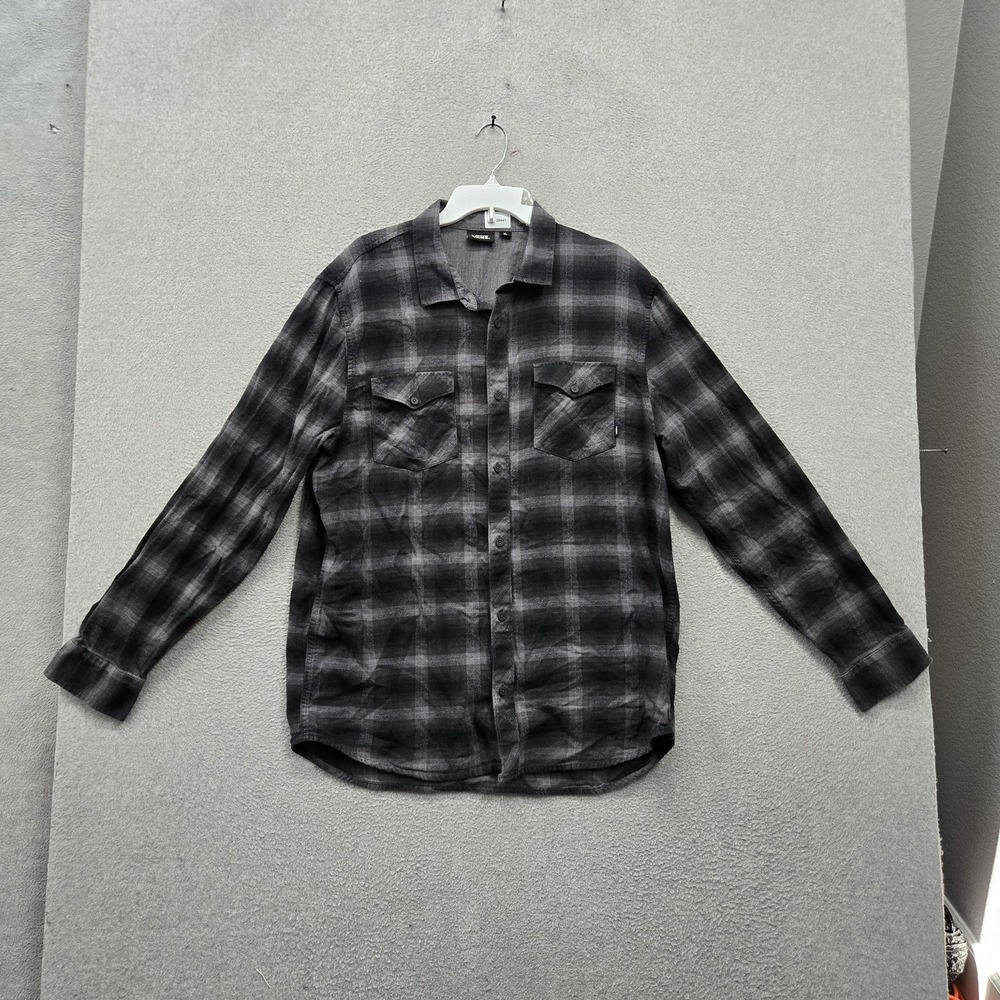 Vans Men Button Up Shirt XL Gray Shirt Plaid Skater Grunge Logo Long Sleeve